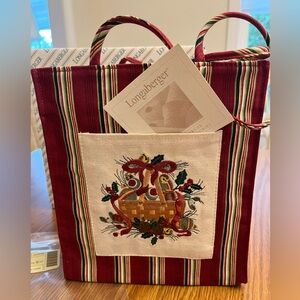 Longaberger Holiday 2005 Tote Bag Holiday Stripe Embroidered Front Pocket NIB
